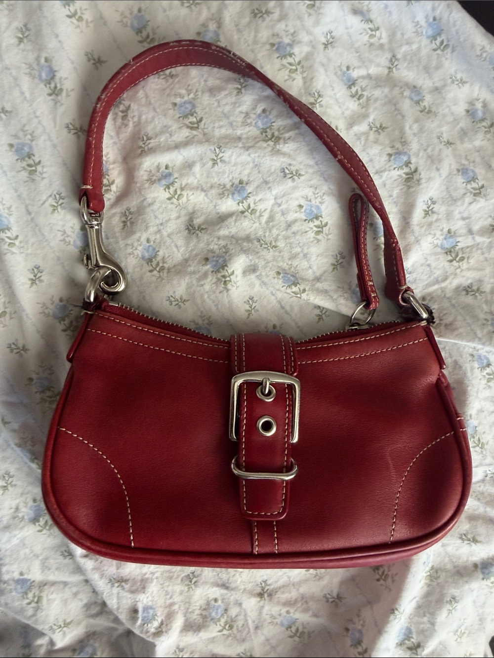 Red Leather Buckle-Front Women’s Shoulder Bag